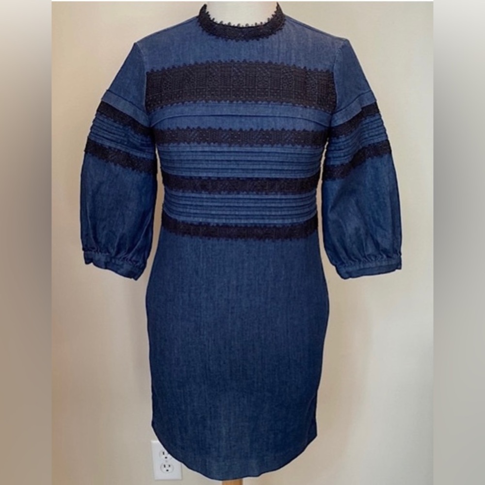 Banana Republic Blue Black Lace SZ 0 Coastal Cowgirl Western Revival Denim Dress